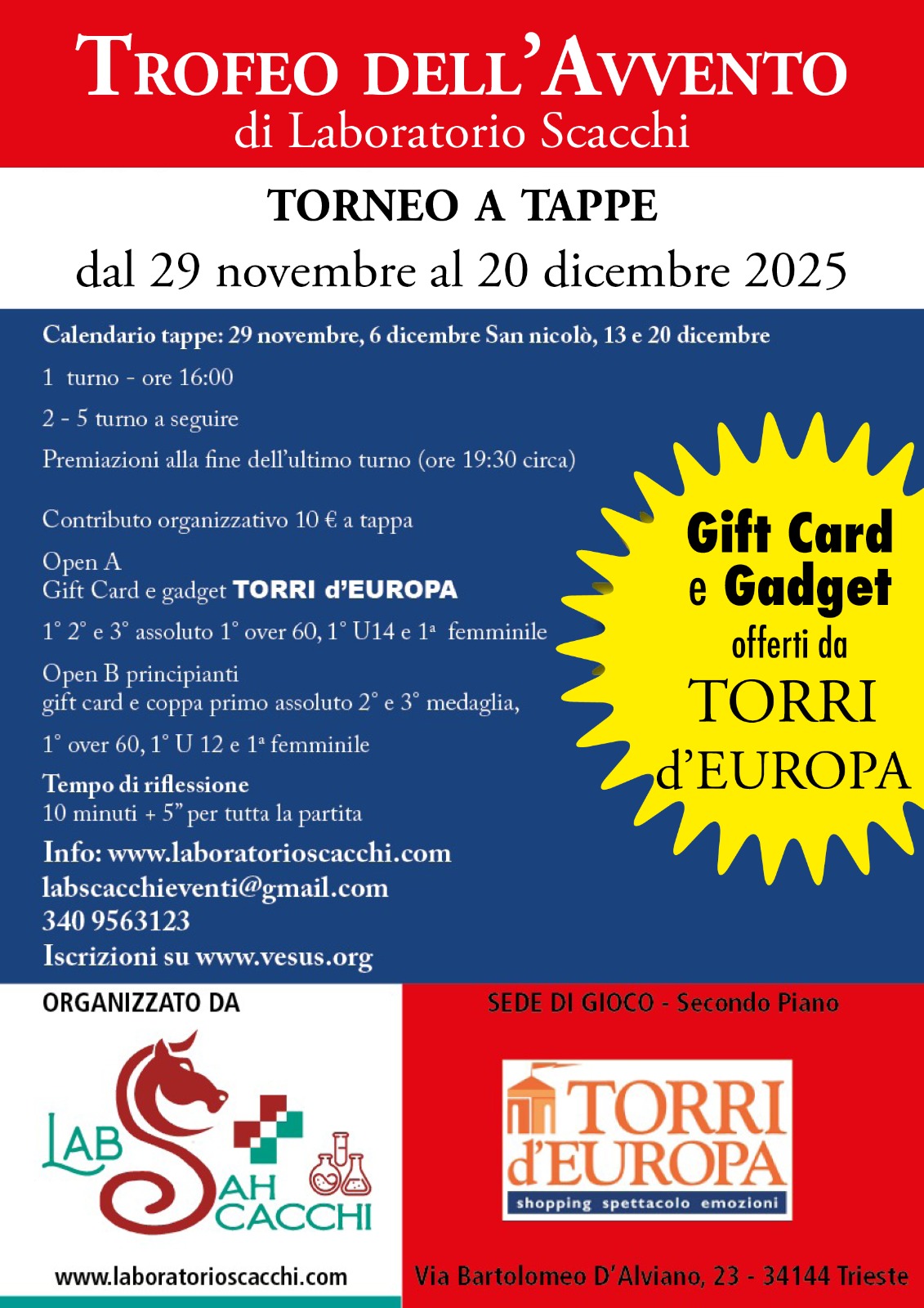 Bando del Trofeo dell'Avvento 2025 - Scacchi alle Torri d'Europa, organizzato da Laboratorio Scacchi Trieste  